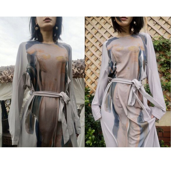 Ann demeulemeester beige kaftan knit maxi long sleeve belted dress - Picture 8 of 11